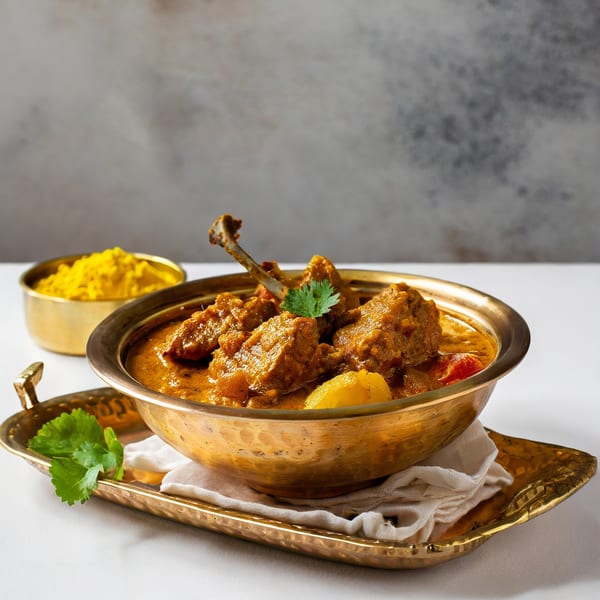 Passage to India's chicken curry with potatoes and cilantro in a brass bowl, with spices nearby.