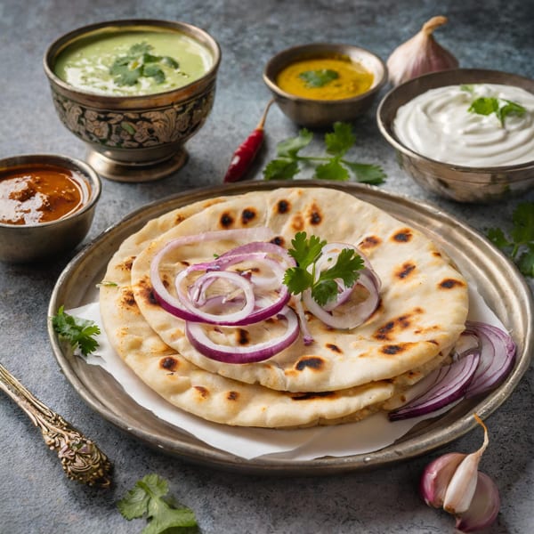 Indian naan bread with red onion, cilantro, and various dipping sauces in ornate bowls.