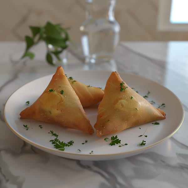 Three golden-brown samosas garnished with fresh parsley on a white plate with a gold rim.