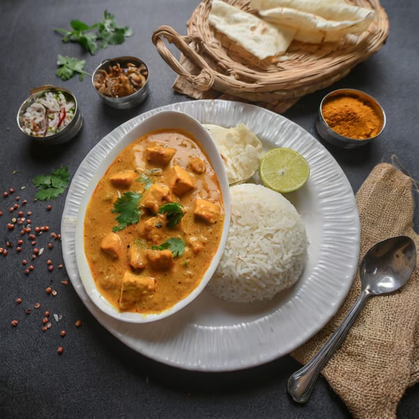 Passage to India's paneer butter masala with rice, naan, lime, and spices on a dark table.