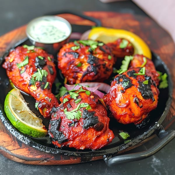 Passage to India's Tandoori Chicken, garnished with cilantro, lime, lemon, and red onions, served on a hot plate.